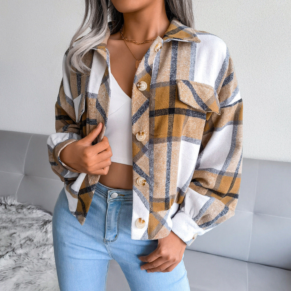 Autumn Winter Plaid Lantern Long Sleeve Woolen Coat Shacket Jacket Women Clothing