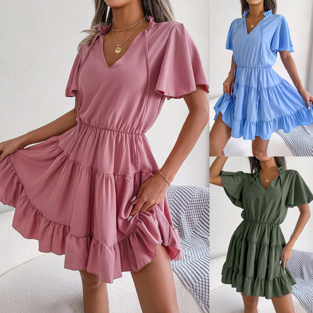 Spring Summer Flounced  Ribbon Big Hem A- line  Solid Color Dress Women Clothing