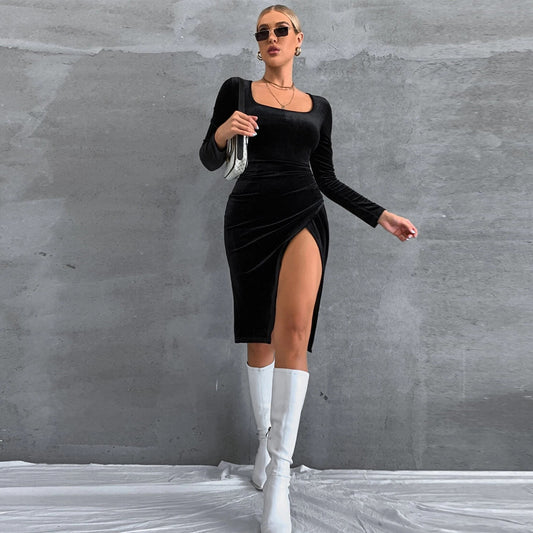 Autumn Winter  Women Clothing Sexy Slit Elegant Slim Fit Square Collar Long-Sleeved Velvet Dress Hip