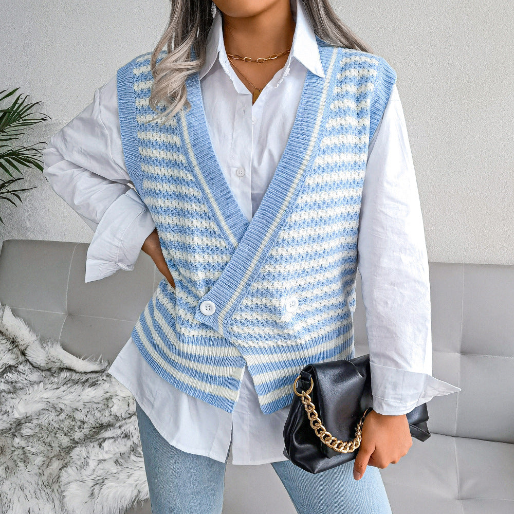 Stripe College Style Knitted Vest Sweater Women Clothing