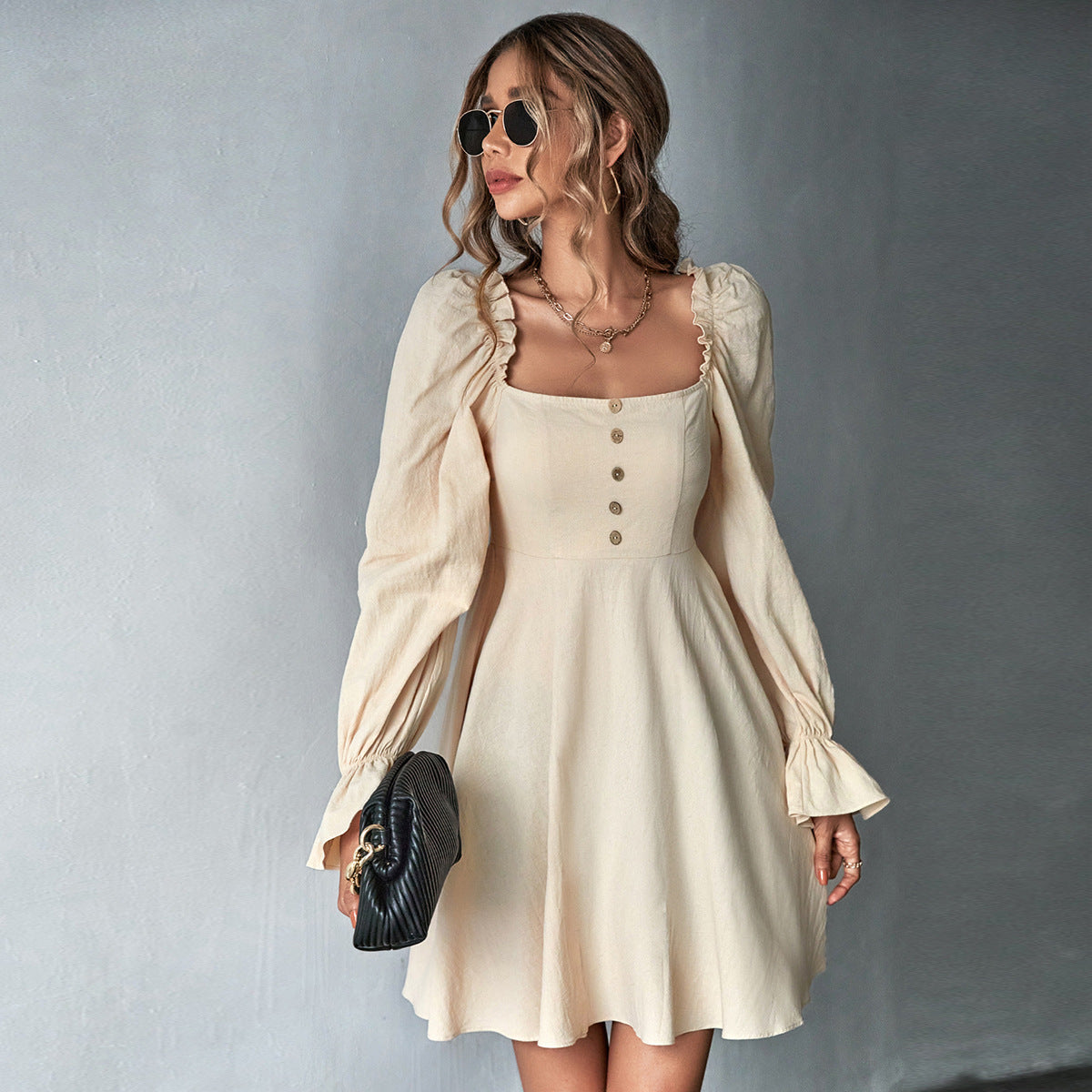 Women Clothing Puff Sleeve Square Neck Cinched Long Sleeve French A line Dress