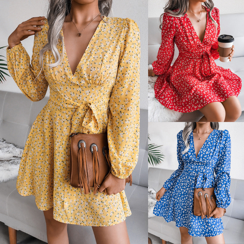 Autumn Winter Sexy V-neck Long Sleeve Floral Chiffon Dress Women Clothing