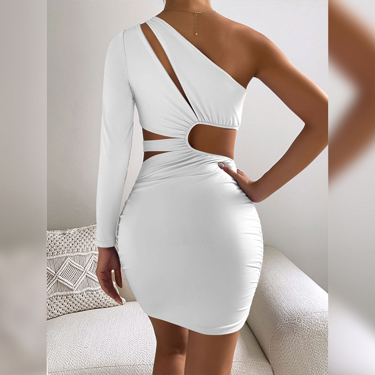 Autumn Winter Women Clothing Sexy One Shoulder Long Sleeve Hollow Out Cutout Sheath Dress