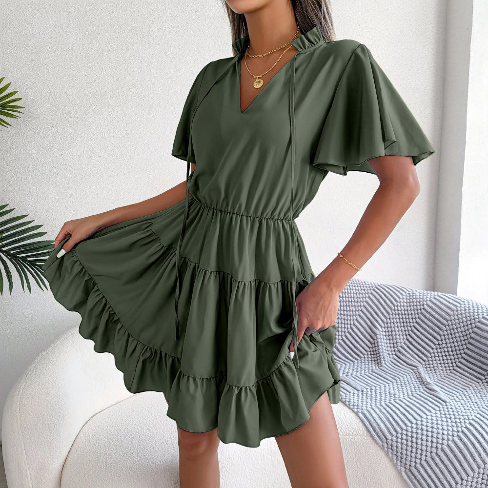 Spring Summer Flounced  Ribbon Big Hem A- line  Solid Color Dress Women Clothing