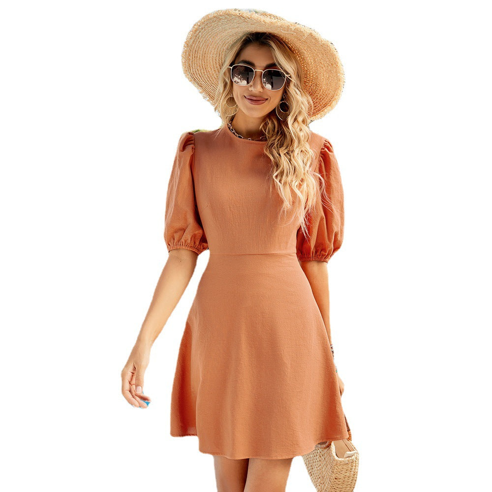 Spring Summer Women Clothing Sexy Backless Lace up Waist Slim Solid Color Puff Sleeve Dress