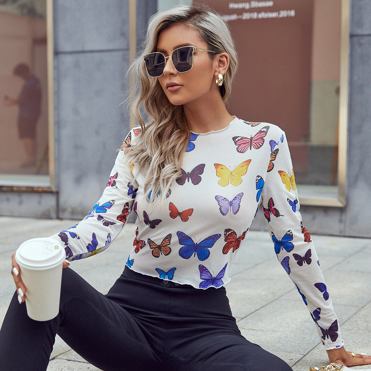 Autumn Winter Casual Slim Butterfly Printed Long Sleeve Women T-shirt Tops