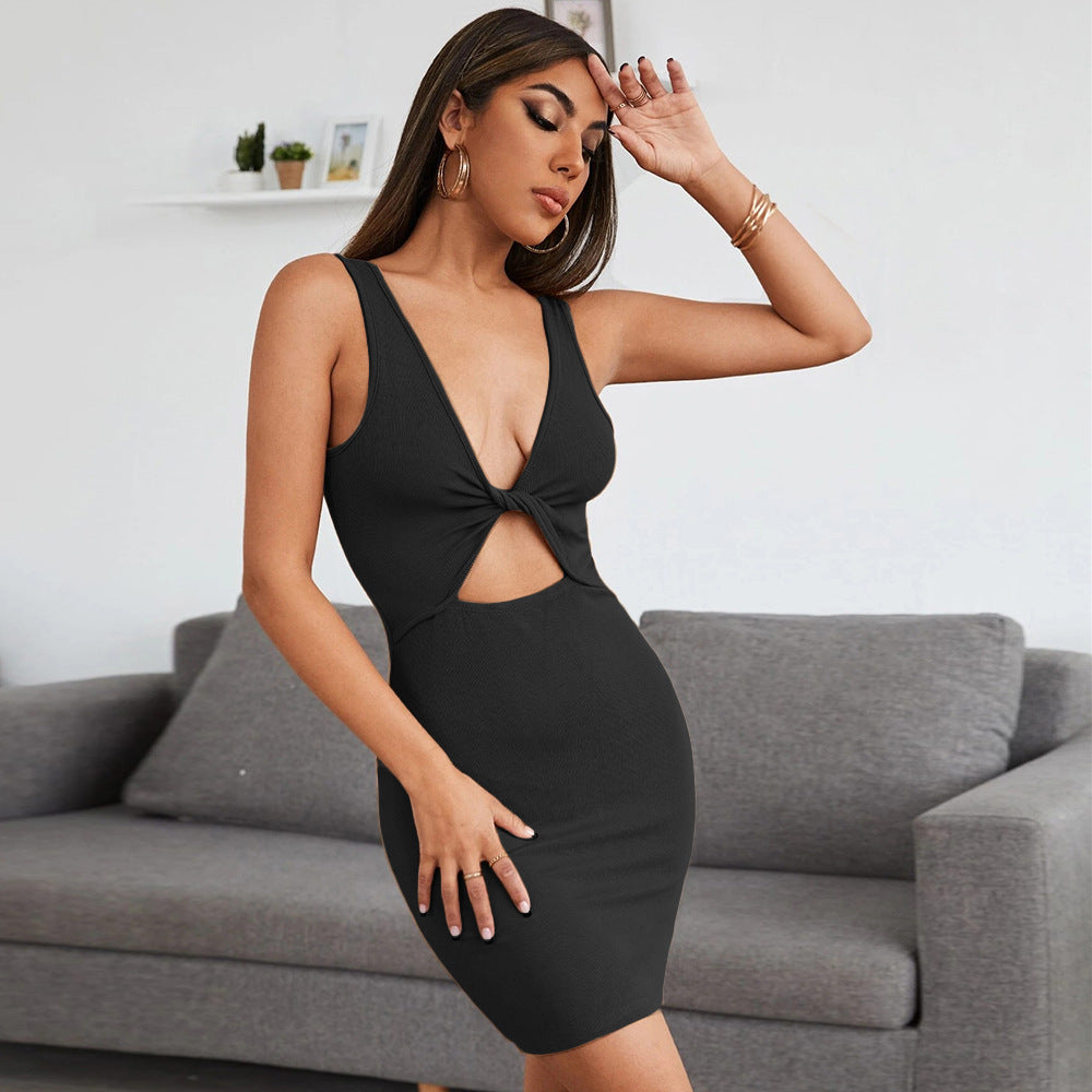 New Women Shoulder Strap Slim Fit  Elegant Navel All-Match V-neck Sexy Dress