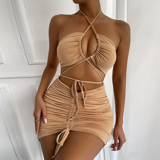 New Women Dress Summer Sexy Hollow Out Cutout out Strap Ruffle Hip Dress