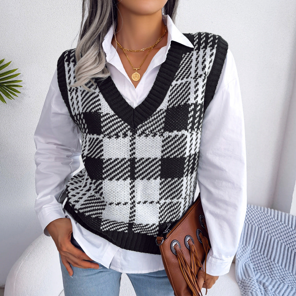 Autumn Winter Leisure Color Contrast Check Knitted Vest Sweater Vest Women Clothing