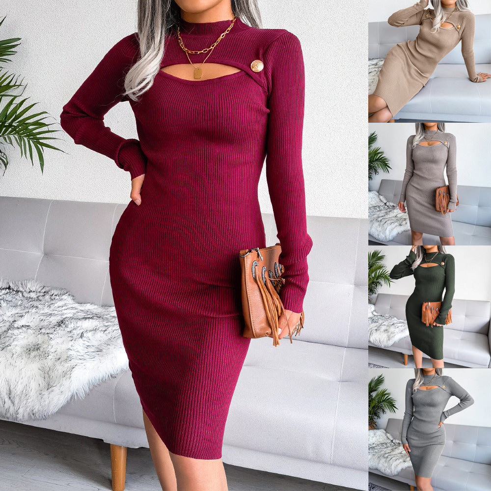 Style Autumn Winter Sexy Hollow Out Cutout Hip  Knitted Dress Women Clothing