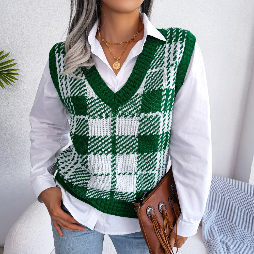 Autumn Winter Leisure Color Contrast Check Knitted Vest Sweater Vest Women Clothing