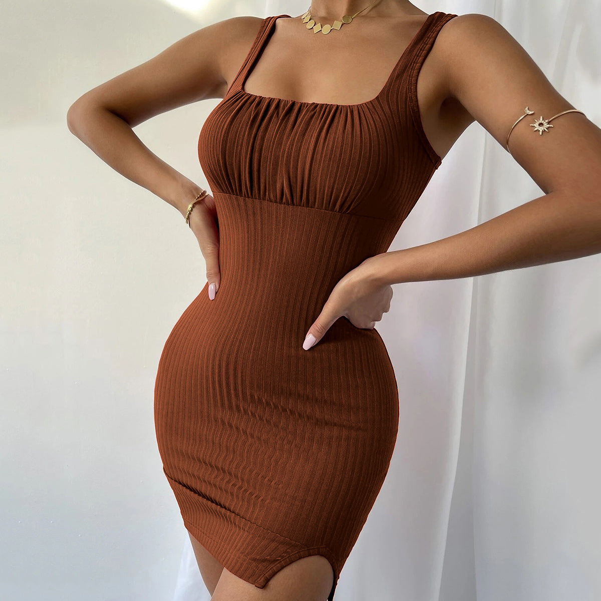 Women Clothing Spring/Summer Sexy Slit Slim-Fitting Camisole Knitted Dress Hip