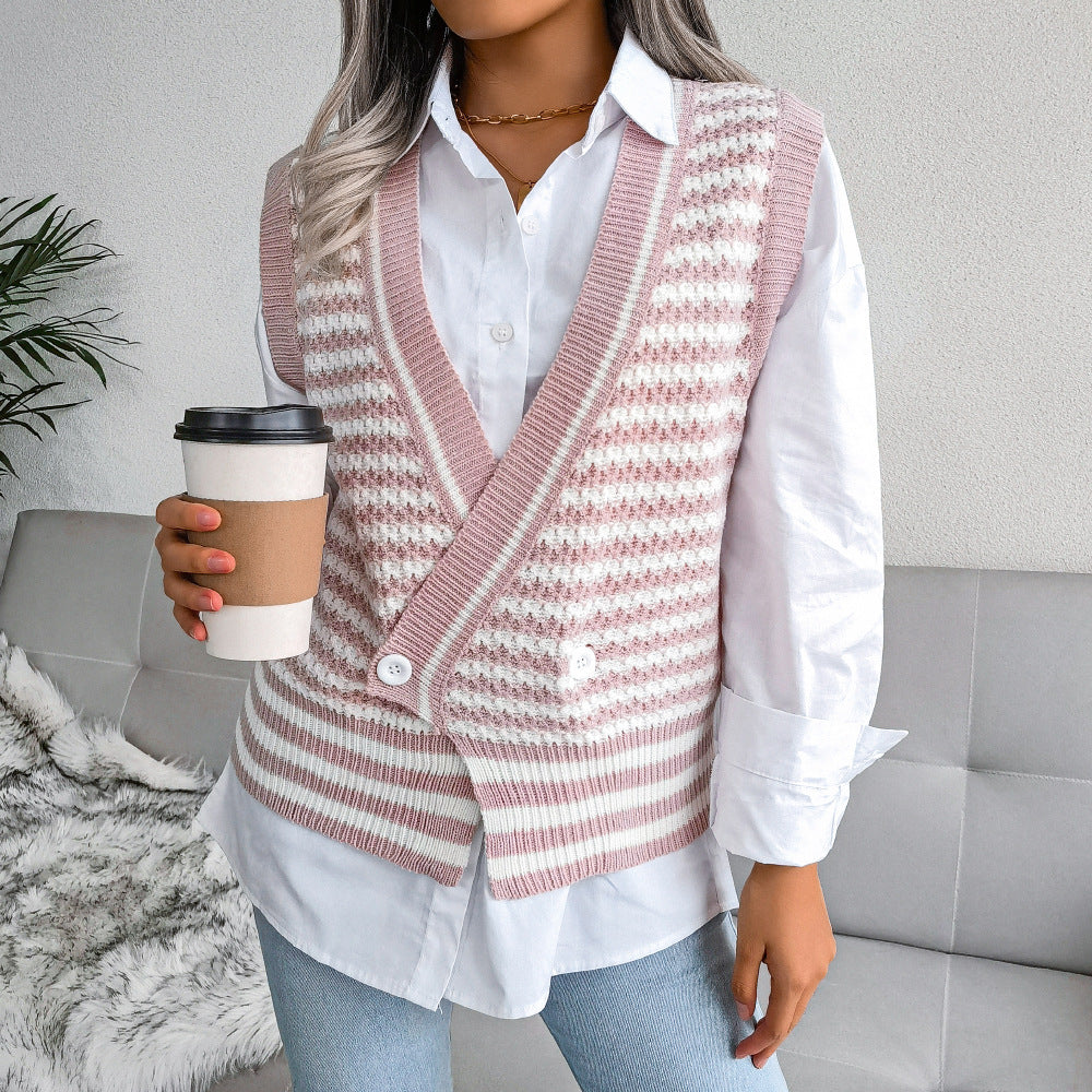 Stripe College Style Knitted Vest Sweater Women Clothing