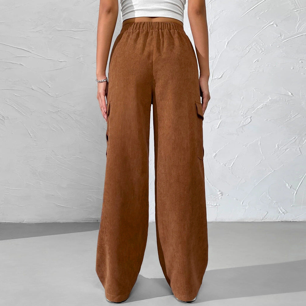 Autumn Winter Women Clothing Loose Elastic Waist Overalls Corduroy Wide Leg Straight Casual Trousers