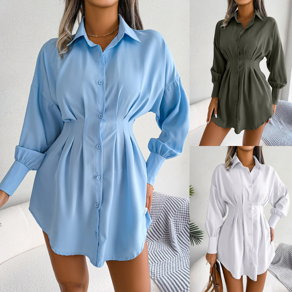 Autumn Winter Leisure Lantern Sleeve Waist-Tight Asymmetric Dress Shirt Dress Women Clothing