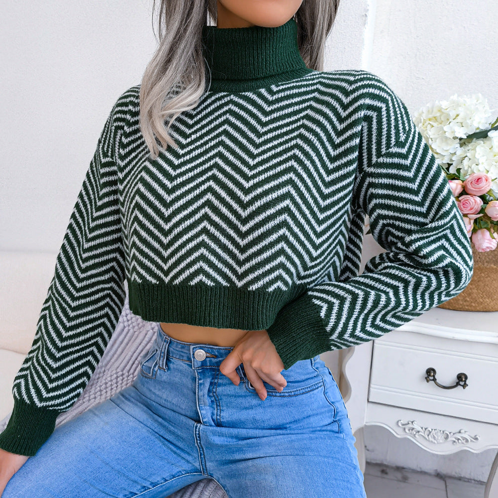 Autumn Winter High Collar Long Sleeve Striped cropped Sweater Women Clothing