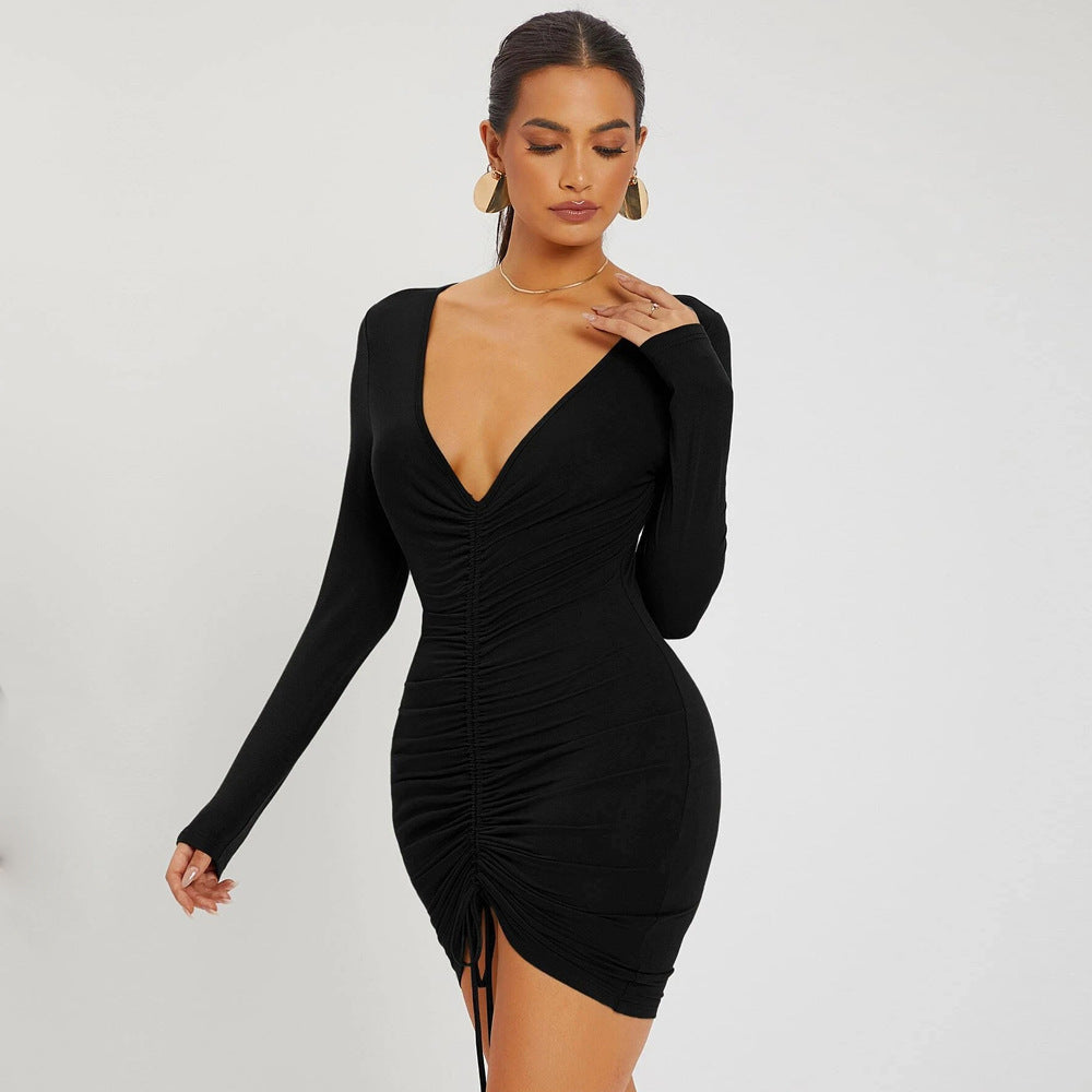 Women Clothing Autumn Winter Sexy V-neck Drawstring Tight Waist Sheath Knitted Long-Sleeved Dress