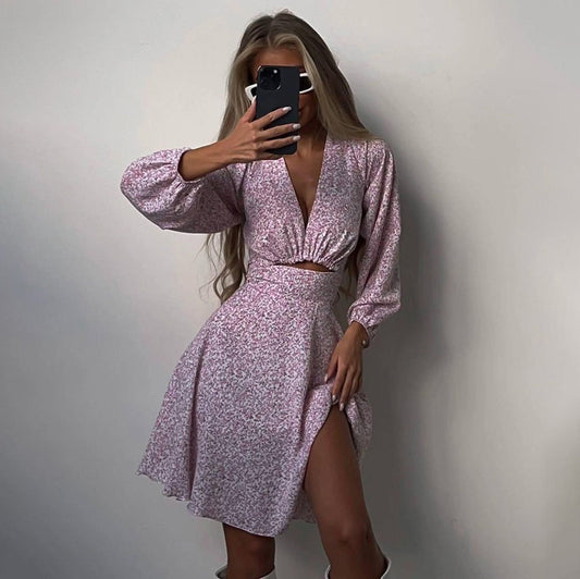 Women Clothing Summer Long Sleeve V neck pirational Design Dress Slimming Printed French Dress