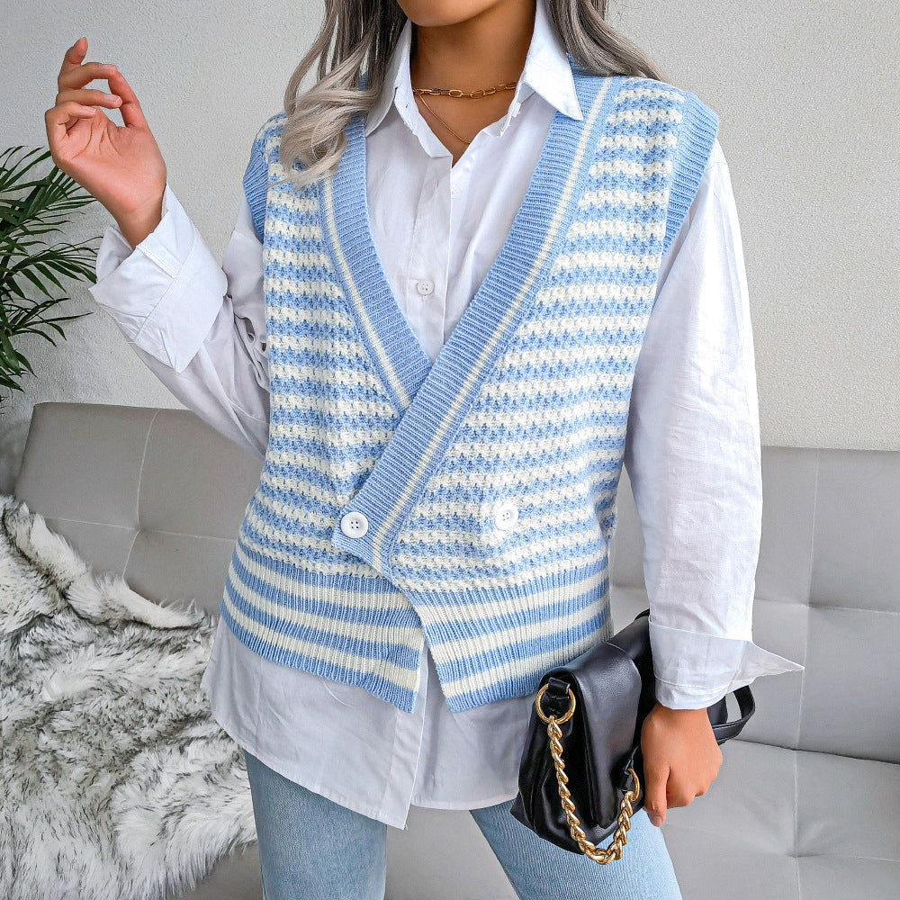 Stripe College Style Knitted Vest Sweater Women Clothing