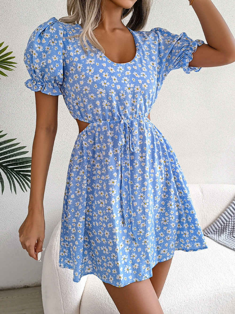 Spring Summer Leisure Hollow Out Cutout out Tied Short Sleeve Floral Dress Women Clothing