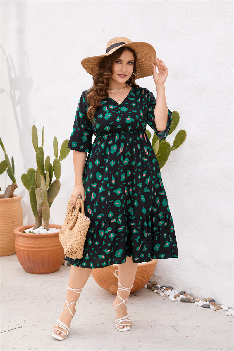 Plus Size Women Clothing Summer V Neck Short Sleeve Ruffled Elastic Waist Dress