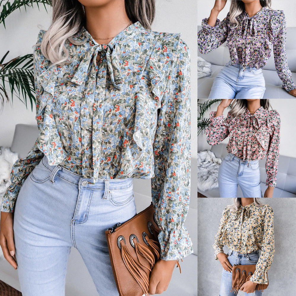 Autumn Winter Casual Lace up Ruffled Floral Chiffon Estampado Floral Shirt Top Women Clothing Plus Size