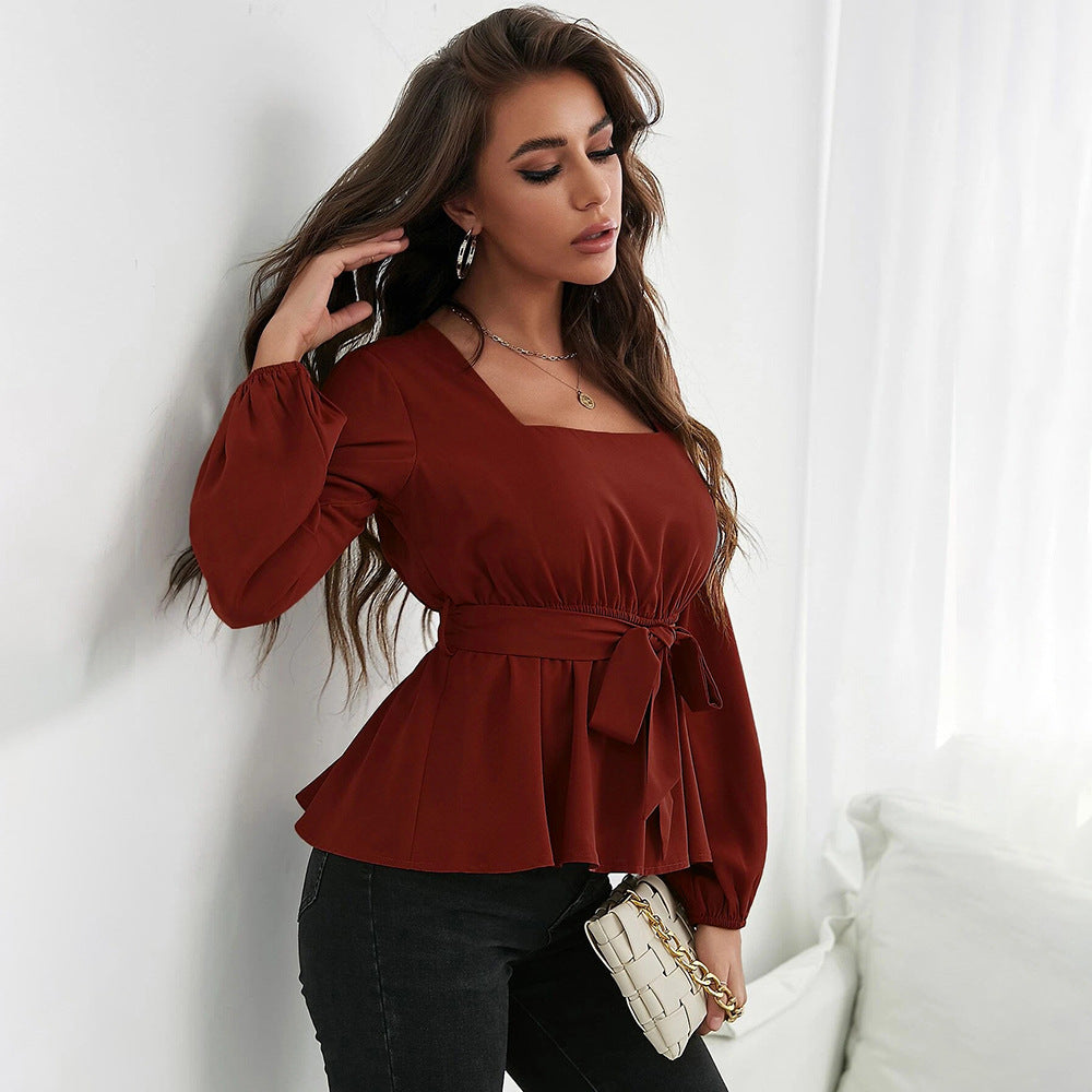 Women Clothing Square Collar Elastic Waist Ruffled Long Sleeve Women Shirt Top