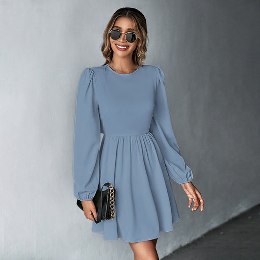 Women Clothing Fresh Sweet Waist Trimming A line Dress Sexy Backless Long Sleeves Dress