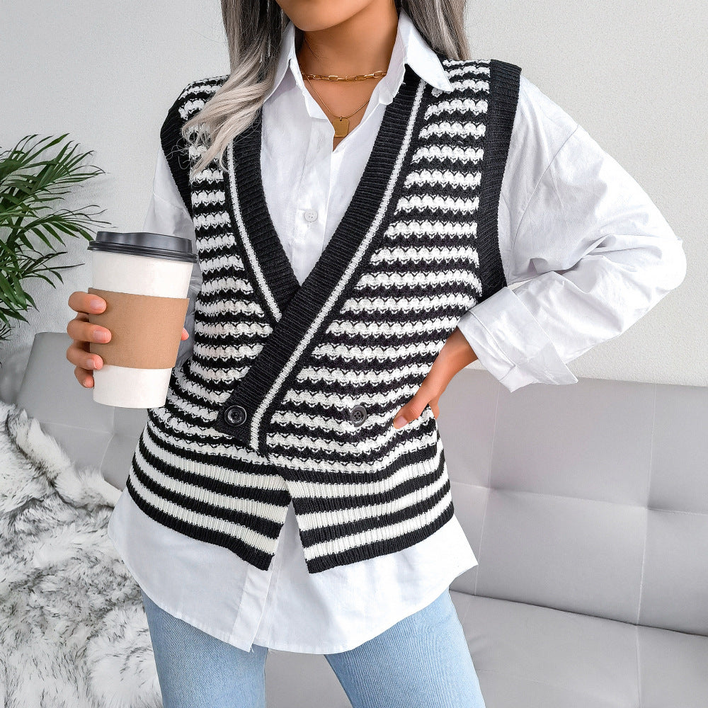 Stripe College Style Knitted Vest Sweater Women Clothing