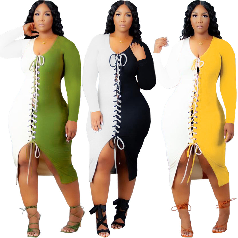 Plus Size Women Clothing Sexy Solid Color Block Splicing Machine Eye Strap Dress Women Dress