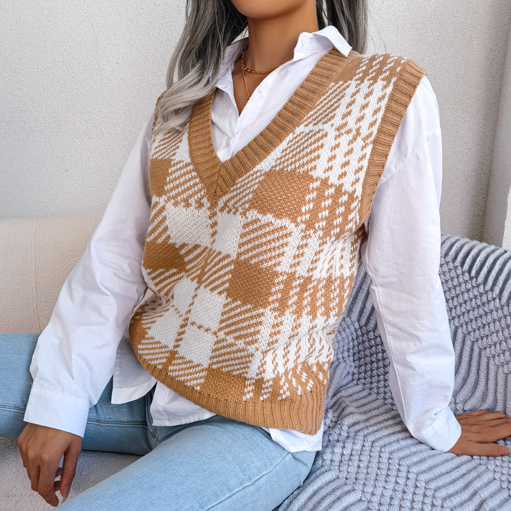 Autumn Winter Leisure Color Contrast Check Knitted Vest Sweater Vest Women Clothing