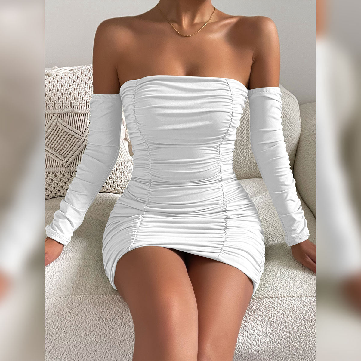 Women Clothing Spring Autumn Sexy Chest Wrapped Dress off Neck Long Sleeve Pleated Hip