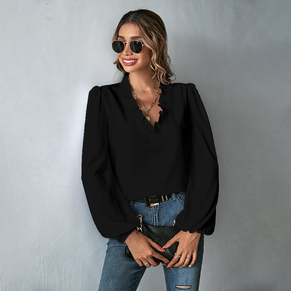 Women Ruffled V neck Loose Long Sleeve Office Ladies Shirt Top