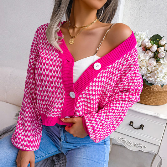 Autumn Winter Color Contrast Check Lantern Sleeve Cardigan Sweater Coat Women Clothing