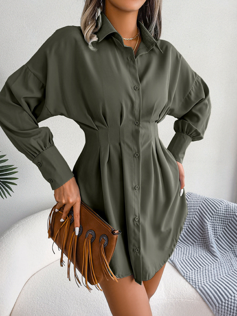 Autumn Winter Leisure Lantern Sleeve Waist-Tight Asymmetric Dress Shirt Dress Women Clothing