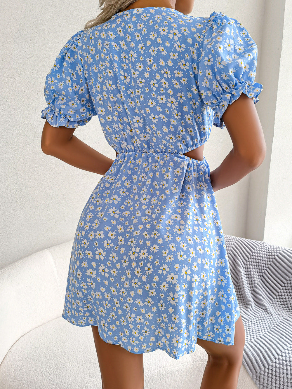 Spring Summer Leisure Hollow Out Cutout out Tied Short Sleeve Floral Dress Women Clothing