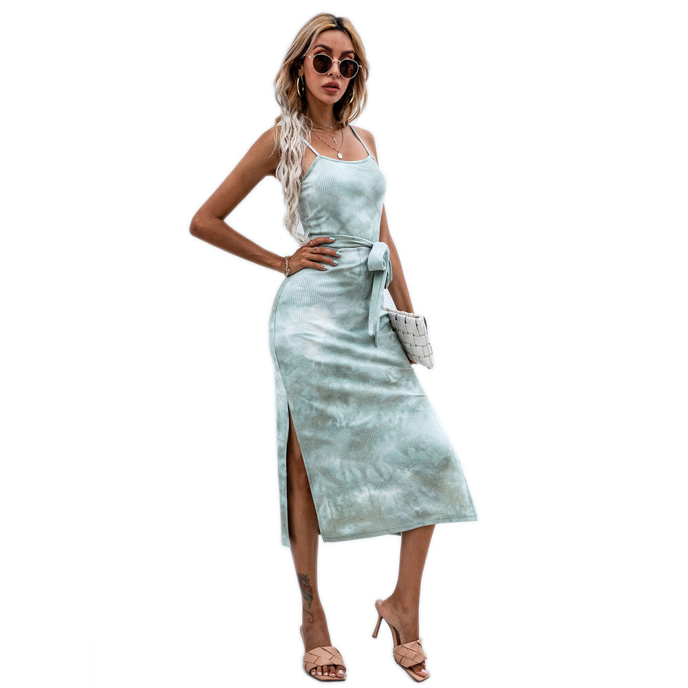 Spot  Women Clothing Sexy Slit Strap Tie-Dyed Dress Lace-up A- line Knitted Midi Dress