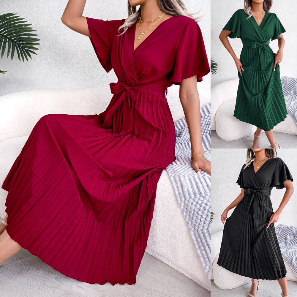 Spring Summer Elegant Cross V-neck Swing Pleated Dress Women Clothing