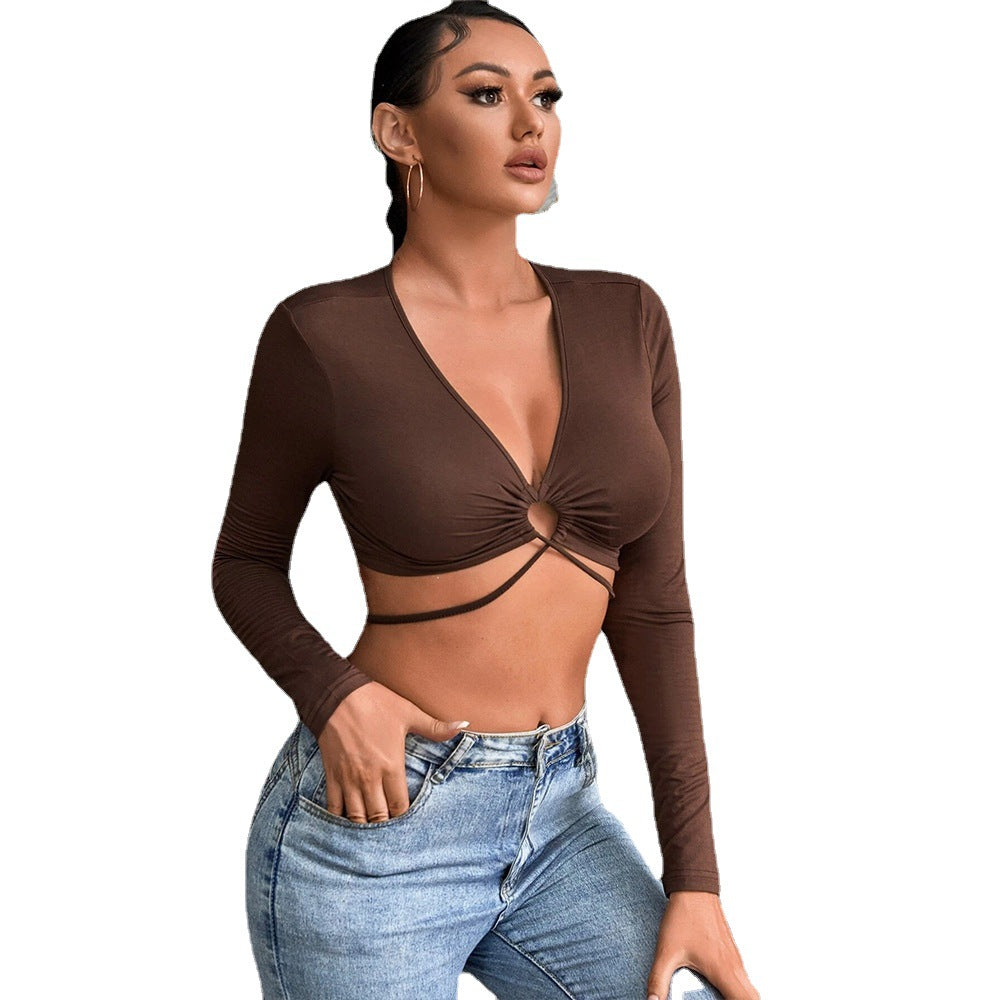 Sexy Hollow Out Cutout Slim T-shirt Navel All-Match V-neck Top for Women