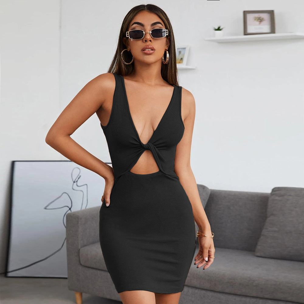 New Women Shoulder Strap Slim Fit  Elegant Navel All-Match V-neck Sexy Dress